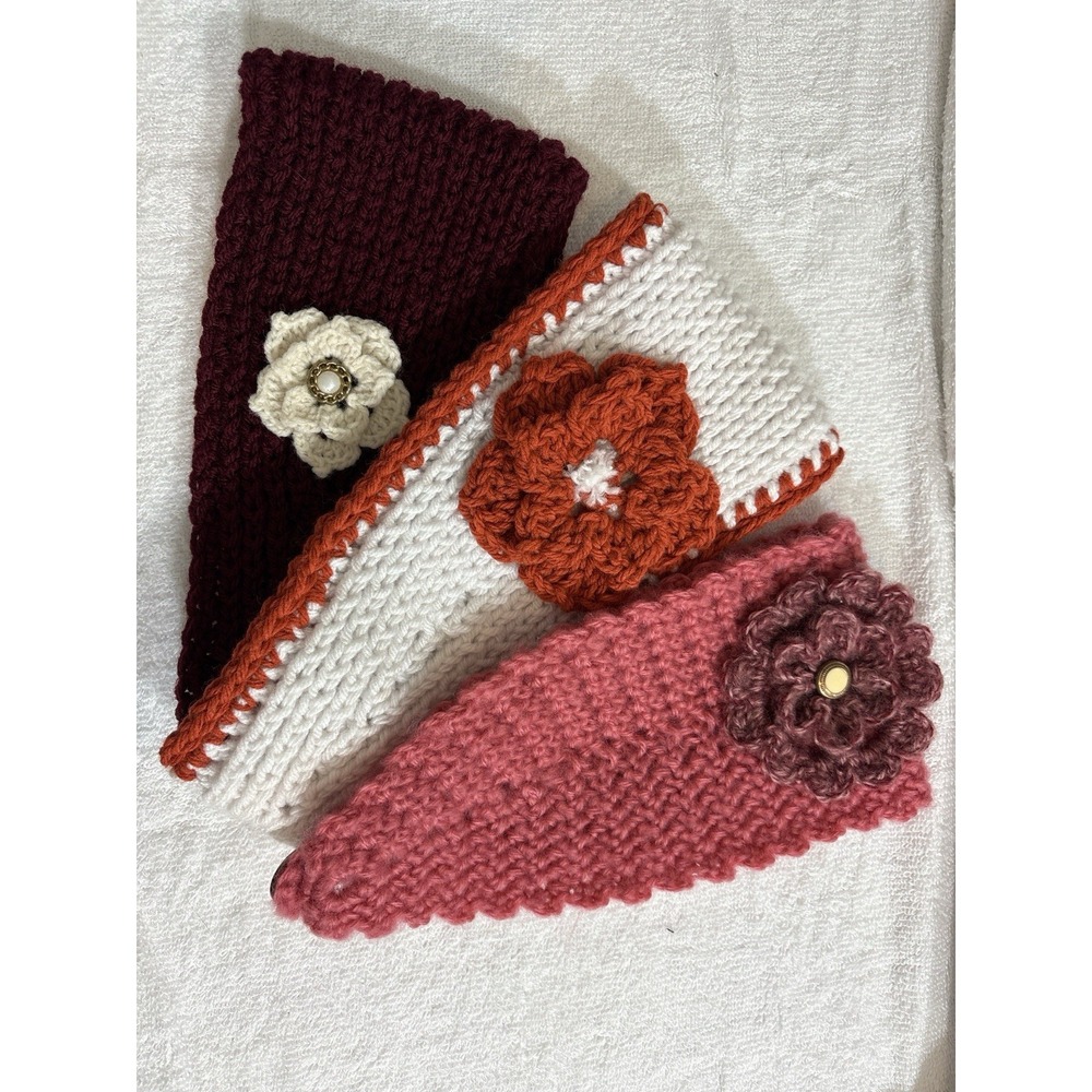 Set Of 3 Handmade Crochet Headbands‎ Ear Warmers Button Closure Boho Cottage